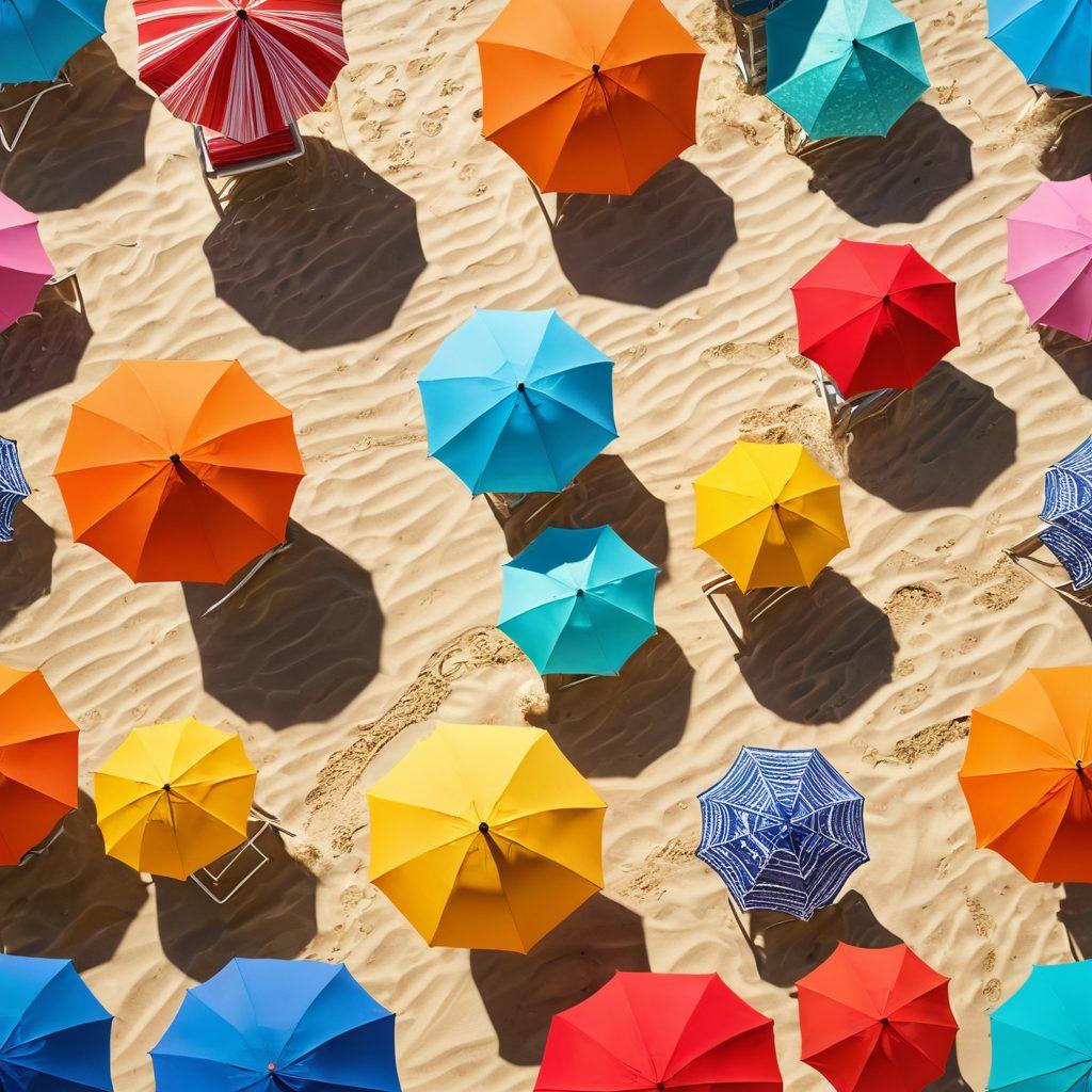 A stylish beach scene featuring a variety of surfwear and resort wear outfits displayed on mannequins, surrounded by colorful beach umbrellas, sand, and ocean waves in the background. Include accessories like sunglasses, hats, and flip-flops, while showcasing a bright sunny atmosphere that evokes a sense of relaxation and fun. The scene should emphasize diversity in styles and colors to cater to different tastes. vibrant colors. 3D.