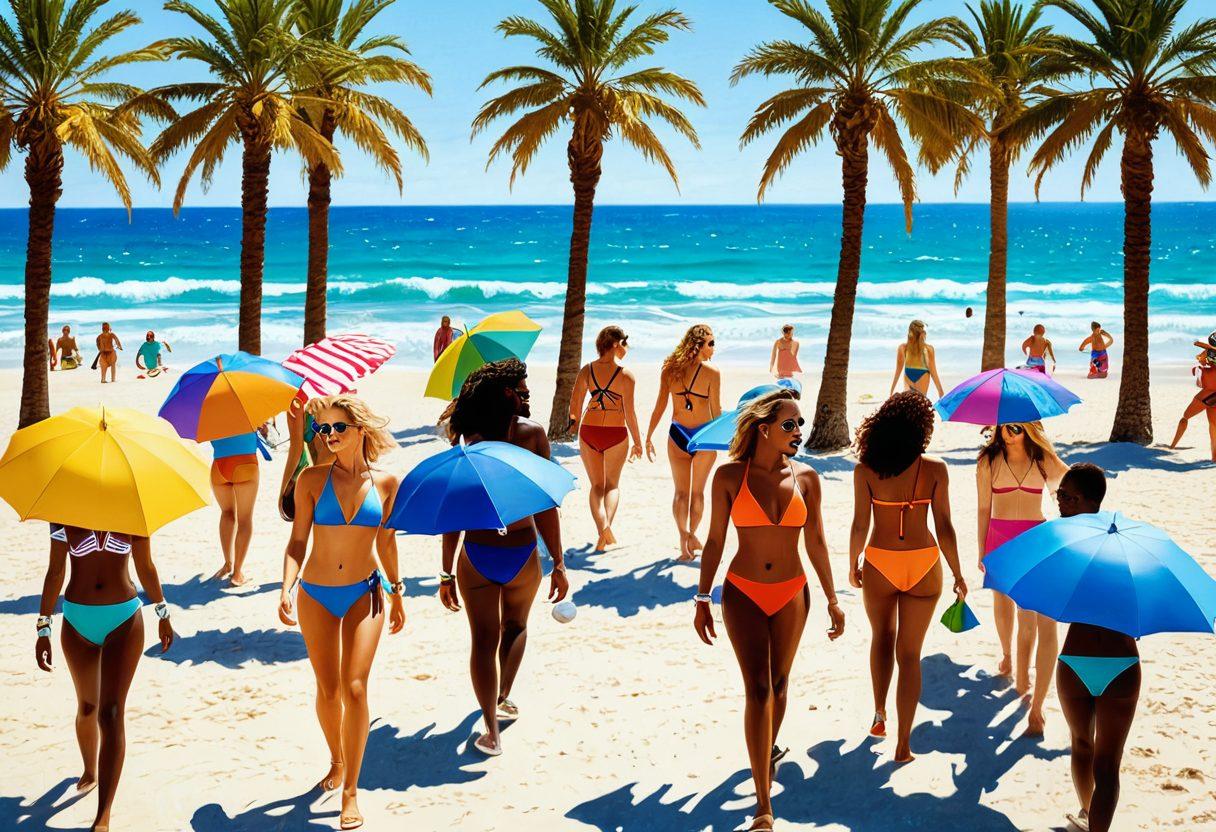 A vibrant beach scene with a diverse group of stylish people showcasing summer fashion, featuring colorful swimsuits, sunglasses, and beach accessories. Include palm trees and a sparkling ocean in the background, with playful beach balls and sun umbrellas. Capture the essence of summer fun and style. super-realistic. vibrant colors. sunny backdrop.