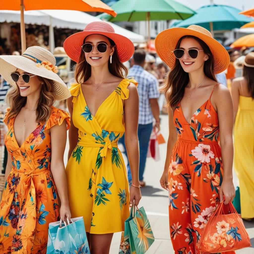 A stylish summer scene featuring a diverse group of individuals showcasing vibrant summer outfits while shopping at an outdoor market. The background should include colorful beach umbrellas, sun hats, and accessories with lively floral patterns. Incorporate elements like shopping bags and sunglasses to emphasize online shopping and trendy styles. The overall atmosphere should be bright and cheerful, capturing the essence of summer fashion. super-realistic. vibrant colors. white background.